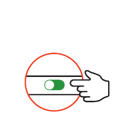 Diagram showing a hand moving the power switch on the top edge of the keyboard to the ON position, indicated by a green toggle inside a red circle