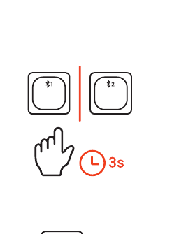 Diagram showing the BT1 and BT2 Bluetooth pairing keys side by side, with a hand pressing and holding one key and a clock icon indicating 3 seconds hold time