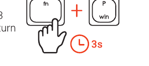Diagram showing FN key plus P key with a hand pressing both, and a 3 second clock indicator, for Windows OS selection
