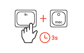 Diagram showing FN key plus O key with a hand pressing both, and a 3 second clock indicator, for macOS OS selection