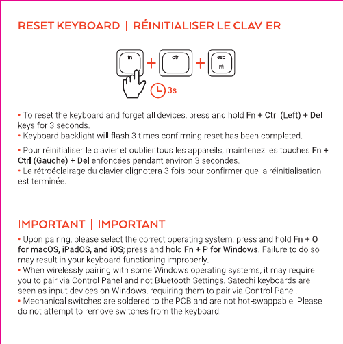SM1 reset keyboard diagram showing Fn+Ctrl+Esc keys held for 3 seconds to reset and forget all paired devices, with important notes about OS selection and Windows pairing via Control Panel