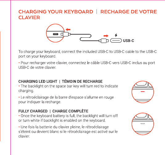 SM1 charging diagram showing USB-C to USB-C cable connected to keyboard USB-C port, with charging LED indicator showing red backlight on space bar during charging and white/off when fully charged