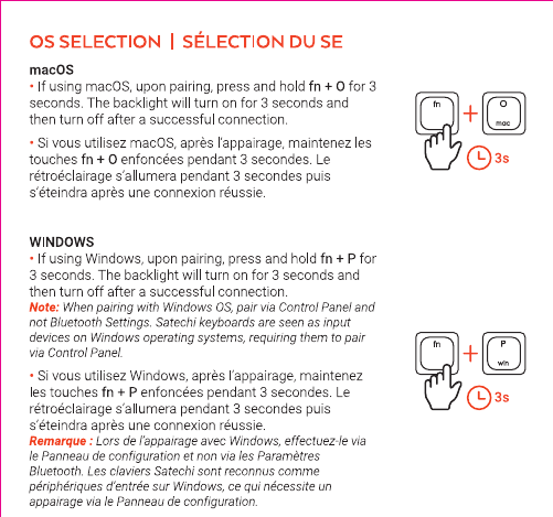 SM1 OS selection diagram showing Fn+O held 3 seconds for macOS mode and Fn+P held 3 seconds for Windows mode, with note about pairing via Control Panel on Windows