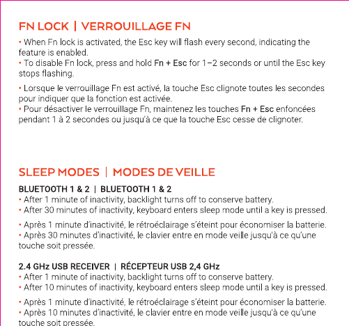 SM1 Fn Lock and Sleep Modes diagrams: Fn Lock activated by holding Fn+Esc with Esc key flashing to confirm, and sleep mode timers for Bluetooth mode (1 minute backlight off, 30 minutes sleep) and 2.4GHz mode (1 minute backlight off, 10 minutes sleep)