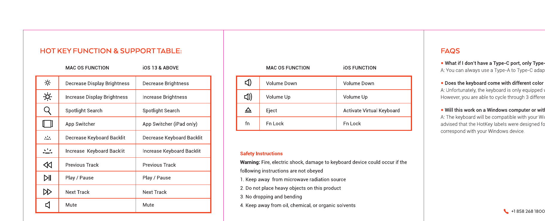Hot Key Function and Support Table showing Mac OS and iOS functions for all Fn key combinations