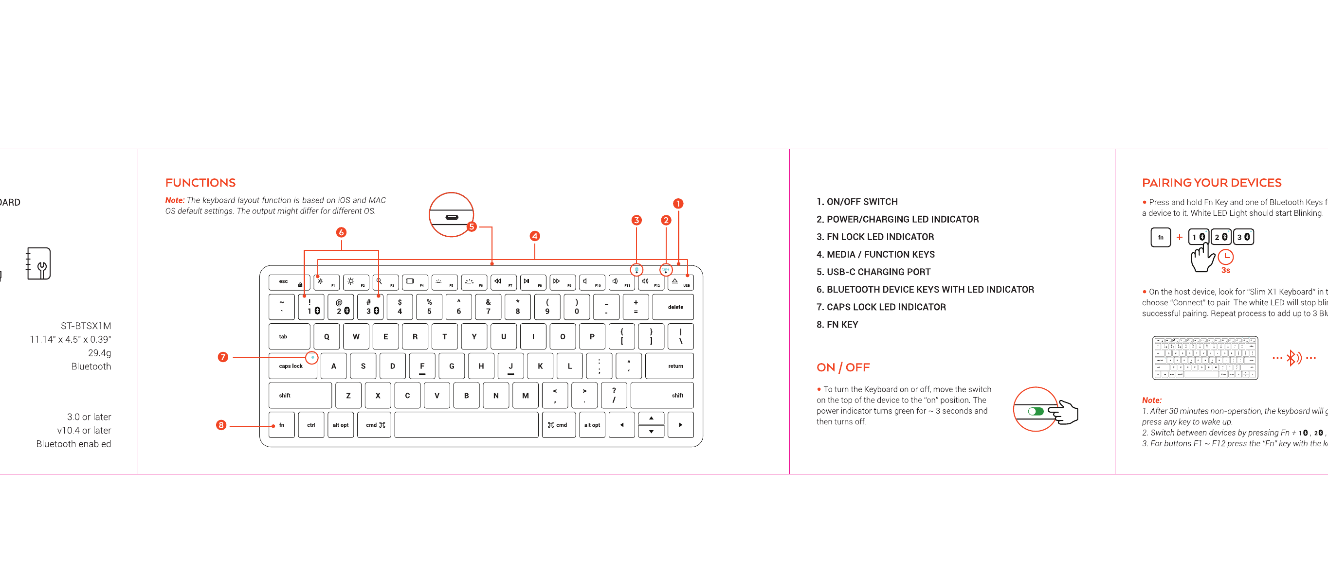 Slim X1 keyboard diagram with callouts: 1=On/Off Switch, 2=Power/Charging LED, 3=FN Lock LED, 4=Media/Function Keys, 5=USB-C Charging Port, 6=Bluetooth Device Keys with LED, 7=Caps Lock LED, 8=FN Key