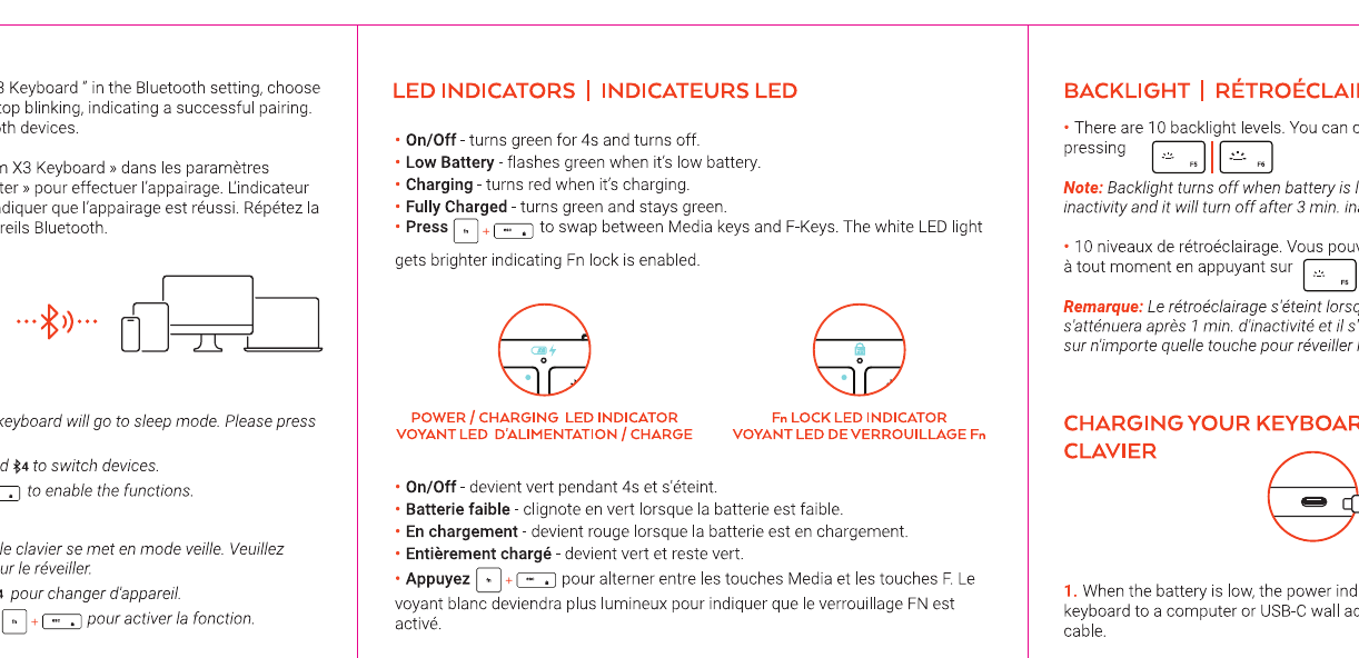 LED indicator diagrams showing Power/Charging LED indicator and Fn Lock LED indicator states: green for on/off, flashing green for low battery, red for charging, steady green for fully charged