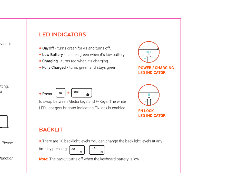 LED indicator diagrams showing Power/Charging LED indicator and Fn Lock LED indicator states: green for on/off, flashing green for low battery, red for charging, steady green for fully charged
