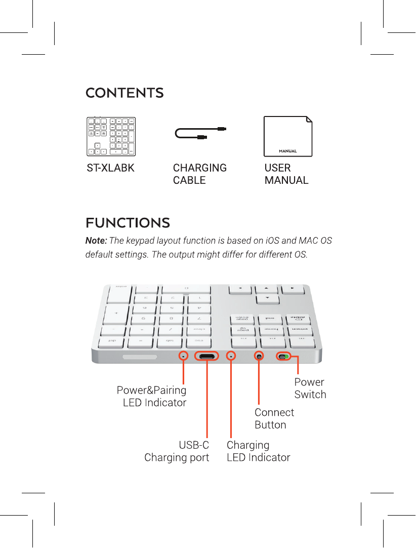 Bluetooth Extended Keypad bottom edge diagram with callouts: Power and Pairing LED Indicator, USB-C Charging Port, Charging LED Indicator, Connect Button, and Power Switch