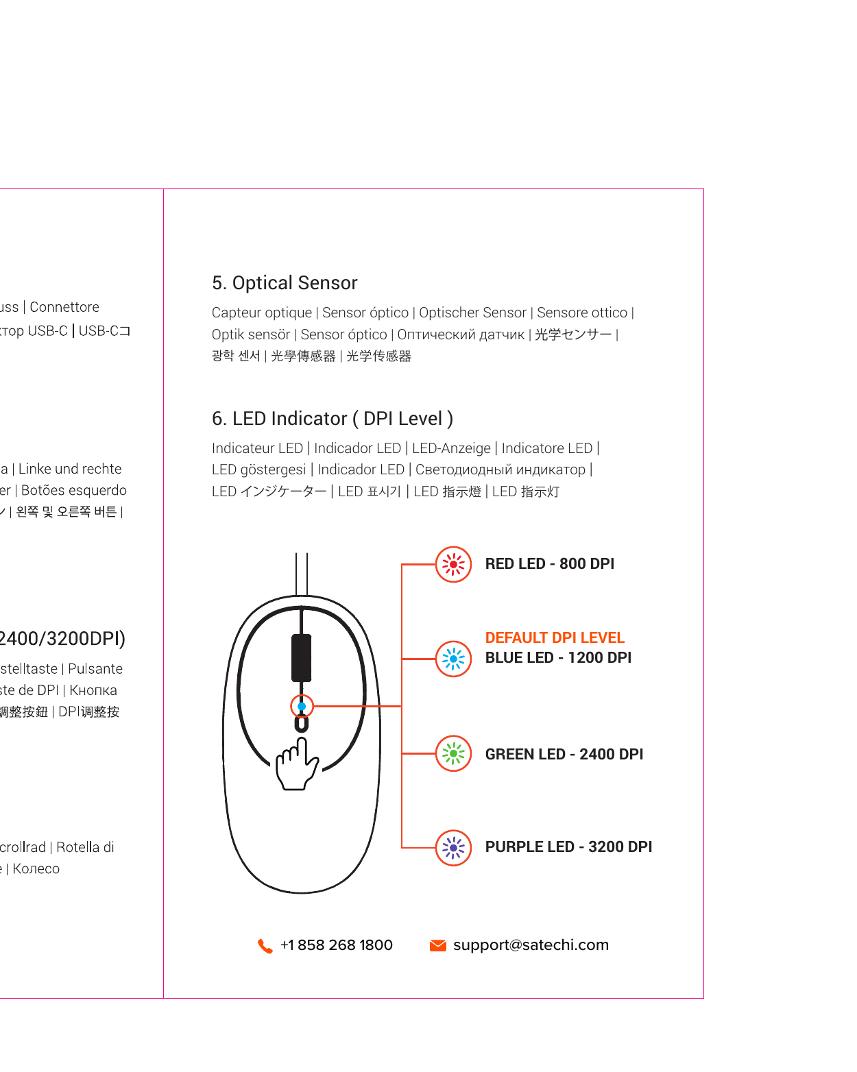 C1 Mouse LED DPI indicator diagram: Red LED = 800 DPI, Blue LED = 1200 DPI (default), Green LED = 2400 DPI, Purple LED = 3200 DPI