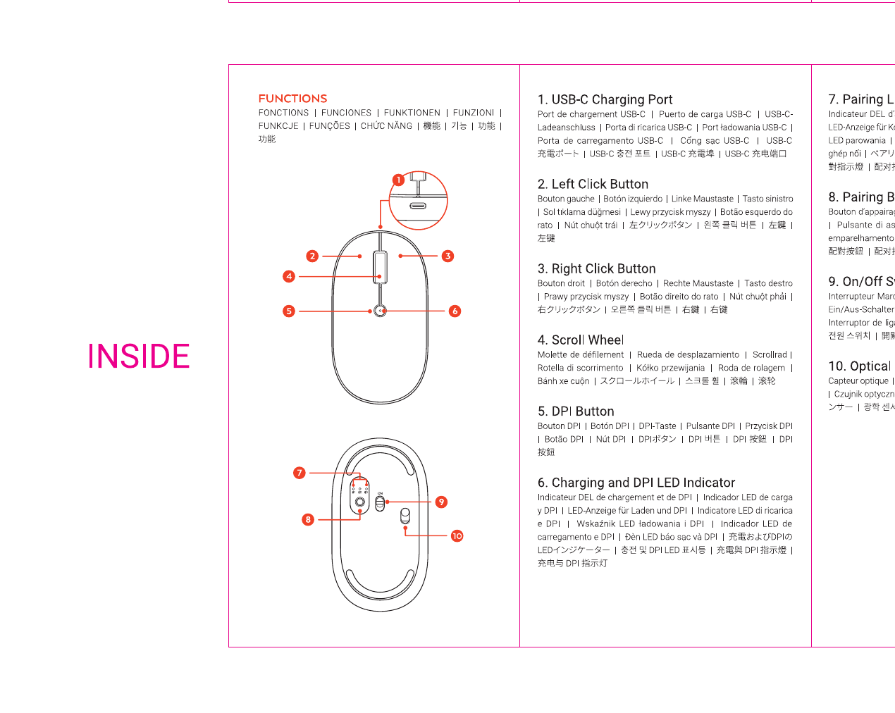 OntheGo Bluetooth Mouse diagram showing top and bottom views with callouts: 1=USB-C Charging Port, 2=Left Click Button, 3=Right Click Button, 4=Scroll Wheel, 5=DPI Button, 6=Charging and DPI LED Indicator, 7=Pairing LED Indicator, 8=Pairing Button, 9=On/Off Switch, 10=Optical Sensor