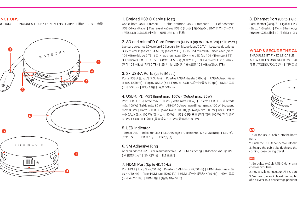 OntheGo 7-in-1 Multiport Adapter diagram with callouts: 1=Braided USB-C Cable Host, 2=SD and Micro SD Card Readers UHS-I up to 104 MB/s 2TB max, 3=2x USB-A Ports up to 5 Gbps, 4=USB-C PD Port Input max 100W Output max 80W, 5=LED Indicator, 6=3M Adhesive Ring, 7=HDMI Port up to 4K/60Hz, 8=Ethernet Port up to 1 Gigabit
