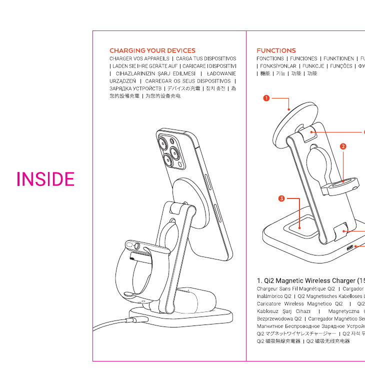 3-in-1 Foldable Qi2 Wireless Charging Stand diagram with callouts: 1=Qi2 Magnetic Wireless Charger (15W Max) for phone, 2=Foldable Apple Watch Charger (5W Fast-Charging), 3=Wireless Charger for AirPods (5W Max), 4=USB-C Port, 5=Adjustable Folding Hinges