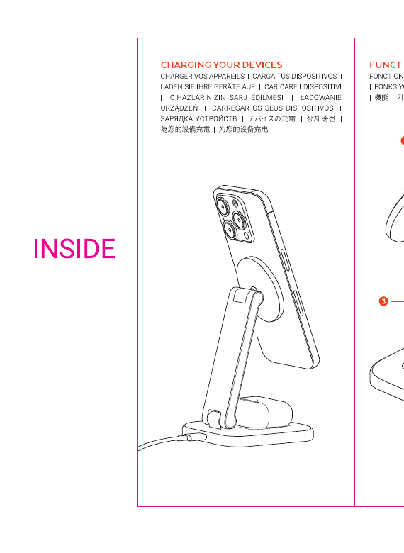 2-in-1 Foldable Qi2 Wireless Charging Stand diagram with callouts: 1=Qi2 Magnetic Wireless Charger (15W Max) for phone, 2=Adjustable Folding Hinges, 3=LED Indicator, 4=Wireless Charger for AirPods (5W Max), 5=USB-C Connector