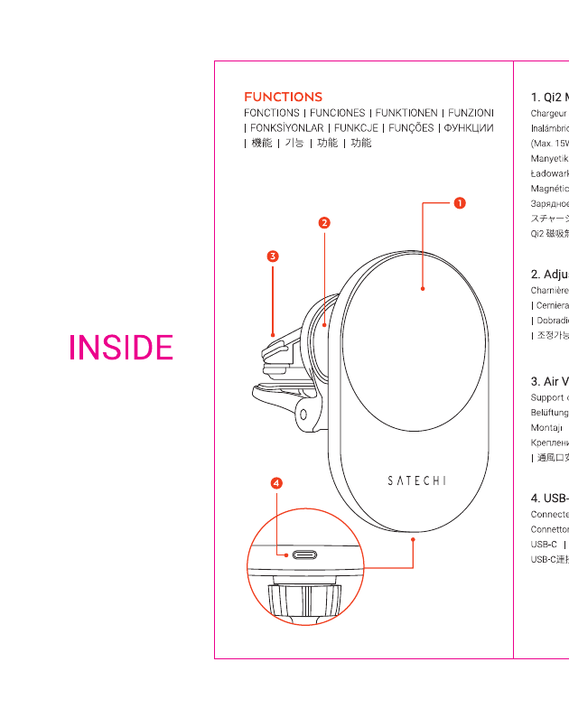 Qi2 Wireless Car Charger diagram with callouts: 1=Qi2 Magnetic Wireless Charger (Max. 15W) charging face, 2=Adjustable Hinge, 3=Air Vent Mount clip, 4=USB-C Connector (bottom, shown in zoom)