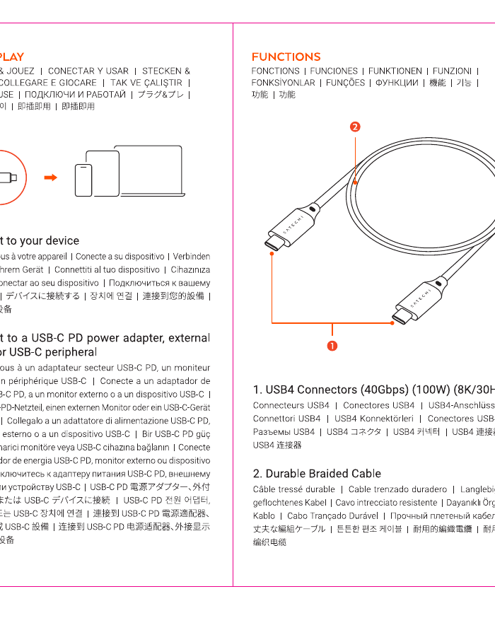 USB4™ C-to-C Cable diagram: 1=USB4 Connectors (40Gbps / 100W / 8K/60Hz) connector, 2=Durable Braided Cable body