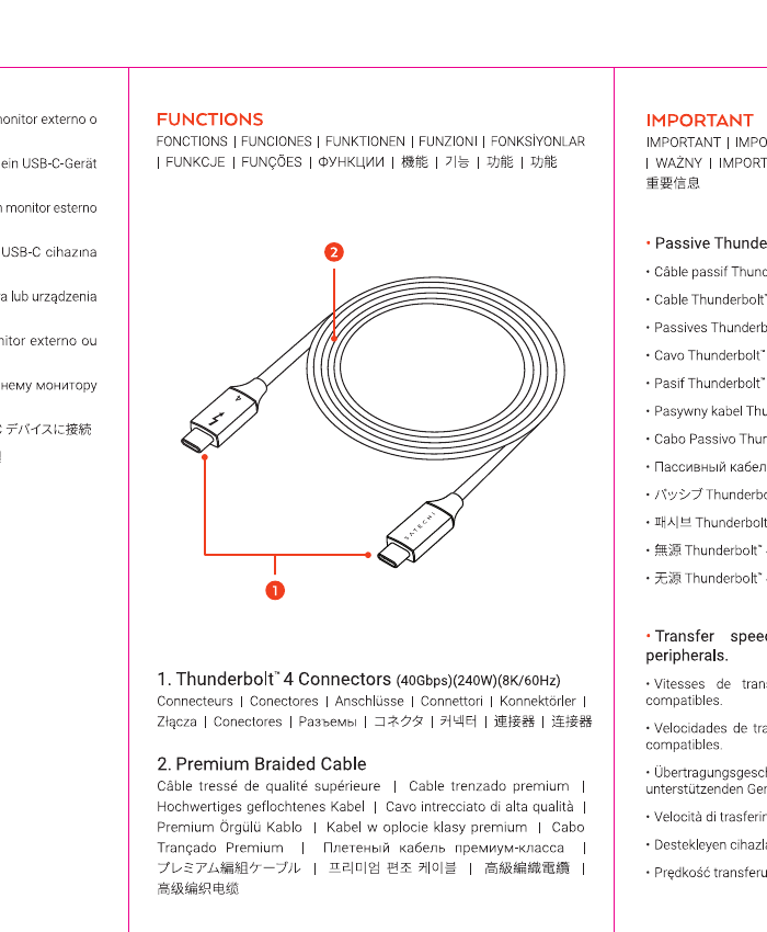 Thunderbolt 4 Pro Cable - 1M diagram: 1=Thunderbolt™ 4 Connectors (40Gbps / 240W / 8K/60Hz) connector, 2=Durable Braided Cable body