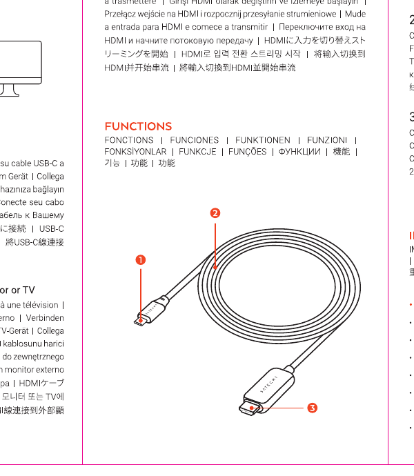 Aluminum Type-C to HDMI Adapter diagram: 1=HDMI Connector (display end, up to 4K/60Hz), 2=LED Indicator (lights when connected), 3=USB-C Connector (device end, requires DP Alt Mode)