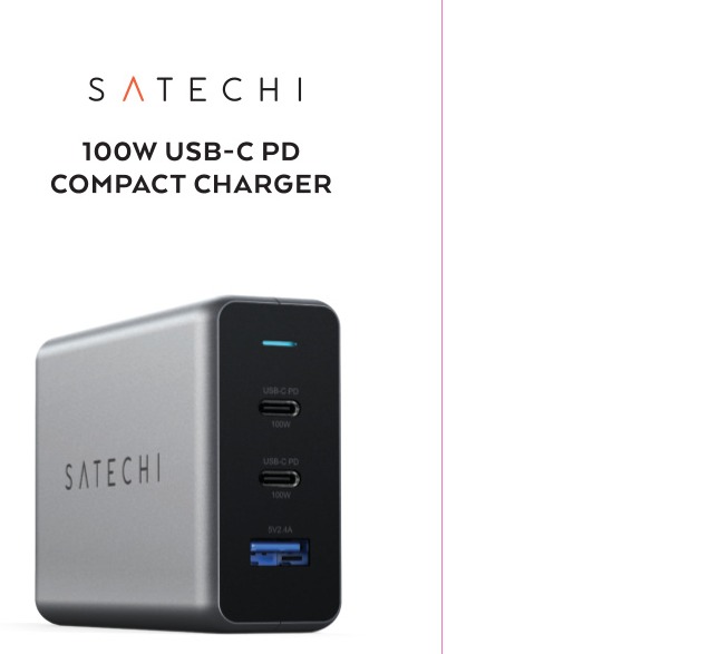 Satechi 100W USB-C PD Compact GaN Charger front view showing two USB-C PD ports labeled 100W each and one USB-A port labeled 5V 2.4A on the right face, with a blue LED indicator on top and the Satechi logo on the left side.