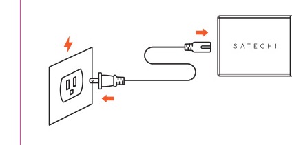 Illustration showing the 2-pin power connector being inserted into the back of the Satechi 100W USB-C PD Compact GaN Charger, then the power cord plugging into a wall outlet, with orange arrows indicating the direction of connection.