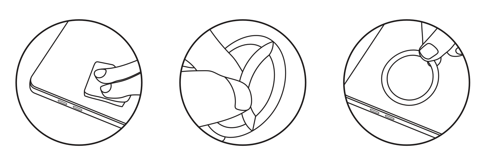 Three-step illustration showing how to attach the 3M adhesive ring: wipe the surface clean, press the adhesive ring onto the back of the adapter, then attach the adapter to the back of a laptop.