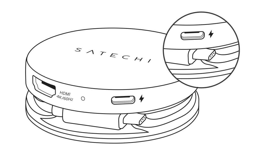 3D view of the OntheGo 5-in-1 Multiport Adapter with the built-in USB-C cable coiled into the circular groove on the underside. A zoomed inset shows the USB-C connector locked into the clip. The HDMI port labeled 4K/60Hz is visible on the edge.