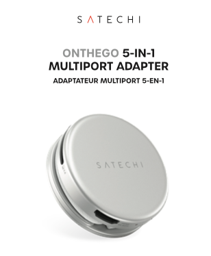 Cover page of the OntheGo 5-in-1 Multiport Adapter user manual showing the product name and a photo of the circular silver compact adapter with the USB-C connector extended and Satechi branding.