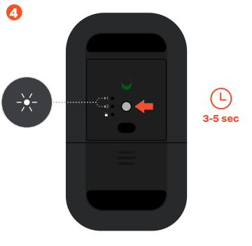 Bottom view of the Slim EX Wireless Mouse with a red arrow pointing to the pairing button, a callout showing a white LED flash icon, and a 3 to 5 second timer indicating how long to hold the button to enter pairing mode.
