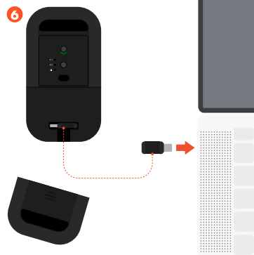 Bottom view of the Slim EX Wireless Mouse with the battery compartment door removed, showing the USB-C 2.4GHz dongle being retrieved from its storage slot and directed with an arrow toward a USB-C port on a laptop.