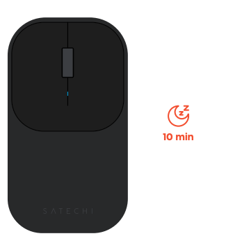Top view of the Slim EX Wireless Mouse with a sleep icon and 10 min label, indicating the mouse enters sleep mode automatically after 10 minutes of inactivity.