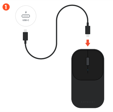 USB-C cable connecting from a USB-C power source to the charging port on the front edge of the Slim EX Wireless Mouse.
