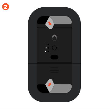 Bottom view of the Slim EX Wireless Mouse showing two gray protective film strips being peeled away from the underside, with red arrows indicating the peel direction.