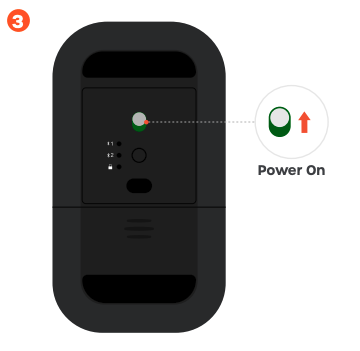 Bottom view of the Slim EX Wireless Mouse with a callout circle showing the power switch in the ON position with a green indicator dot, labeled Power On.