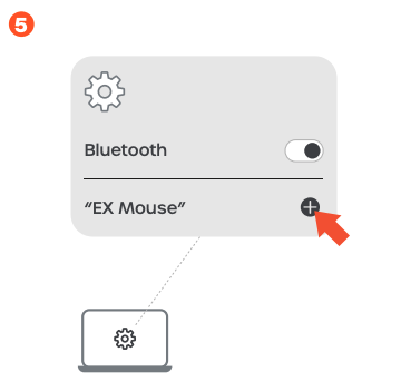 Illustration of a device Bluetooth settings screen showing EX Mouse as a discoverable device with a plus button to connect, and a laptop icon below representing the host device.