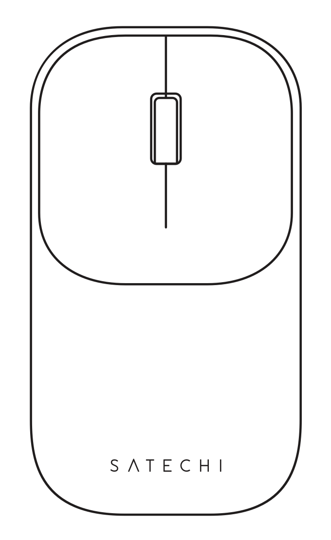 Top view line drawing of the Satechi Slim EX Wireless Mouse showing the scroll wheel at center and the Satechi logo on the lower body.