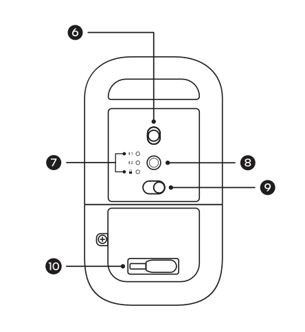 Labeled bottom-view diagram of the Slim EX Wireless Mouse with 5 callouts: 6. Optical sensor, 7. Bluetooth device indicator LEDs for slots B1 and B2, 8. DPI adjustment button, 9. Power and Bluetooth toggle switch, 10. USB receiver storage compartment.