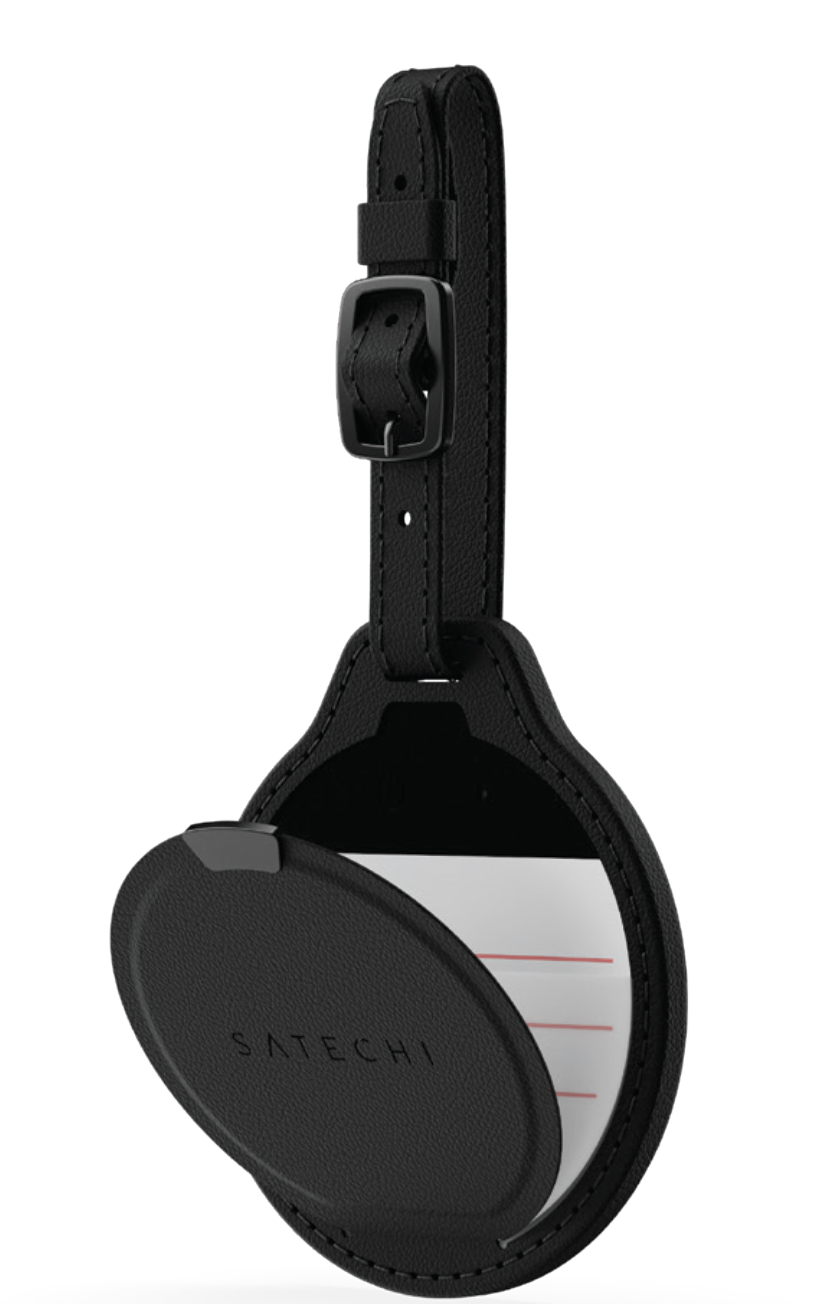 Photo of the Satechi Vegan-Leather FindAll Luggage Tag, a black leather luggage tag with an adjustable buckle strap, a Satechi logo on the front cover, and a removable identification card insert for writing contact information.