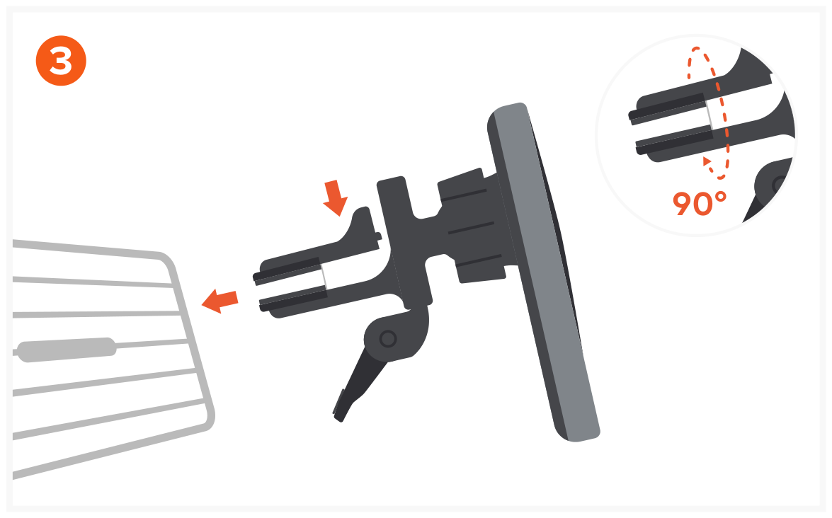 Qi2 Wireless Car Charger (ST-Q2CCM) Quick Start Guide step 3: Push the lever to open the clamp and attach onto car’s air vents.