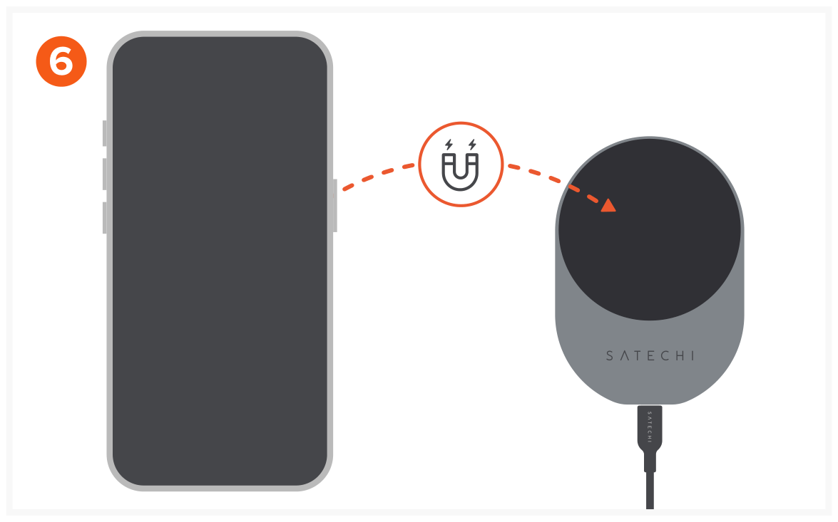 Qi2 Wireless Car Charger (ST-Q2CCM) Quick Start Guide step 6: Place compatible iPhone onto Qi2 Wireless Charger to begin charging.