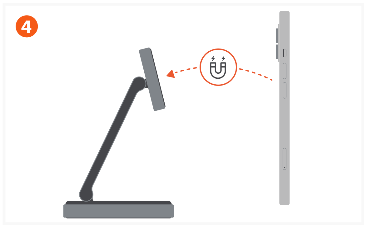3-in-1 Foldable Qi2 Wireless Charging Stand (ST-Q31FM-EA) Quick Start Guide step 4: Place compatible iPhone on the Qi2 charger to begin charging.