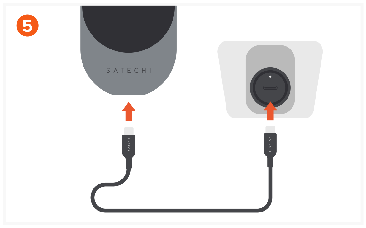 Qi2 Wireless Car Charger (ST-Q2CCM) Quick Start Guide step 5: Plug the included 25W charger to your car’s auxiliary power outlet and connect the included USB-C cable to the