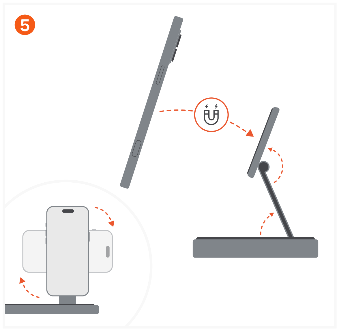 Qi2 Trio Wireless Charging Pad (ST-QTPM-EA) Quick Start Guide step 5: Unfold the Qi2 charger to place the phone upright.
