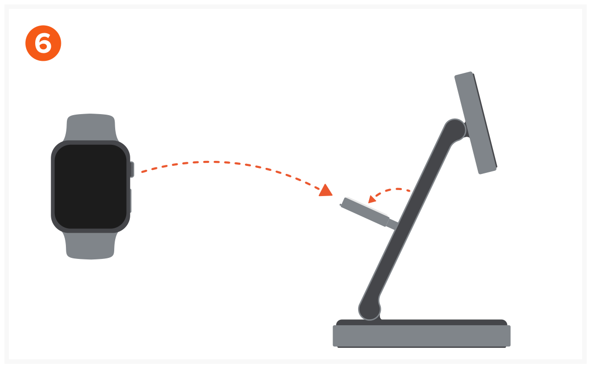 3-in-1 Foldable Qi2 Wireless Charging Stand (ST-Q31FM-EA) Quick Start Guide step 6: Fold down the Apple Watch module and place the Apple Watch onto it to begin charging.