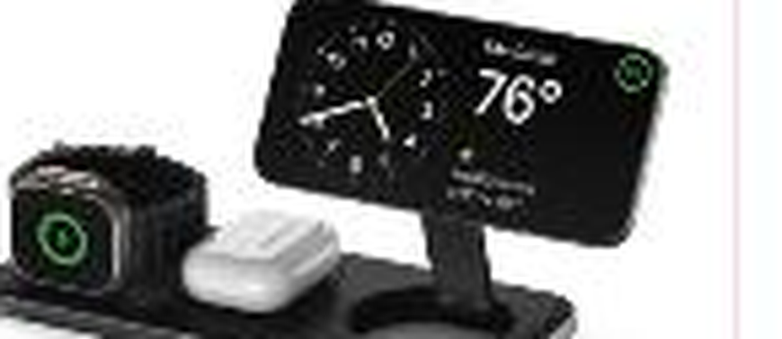 Satechi Qi2 Trio Wireless Charging Pad charging an Apple Watch, iPhone, and AirPods simultaneously