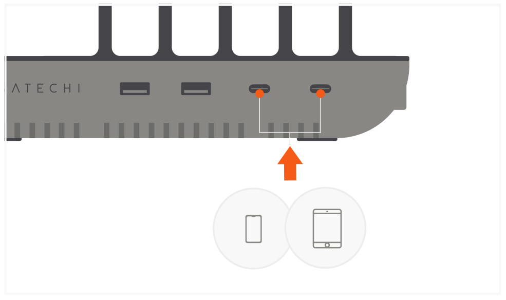 Dock5 Multi-Device Charging Station with Wireless Charging (ST-WCS5PM) Quick Start Guide step 2: Connect USB-C smartphones or tablets to its two USB-C PD charging ports.