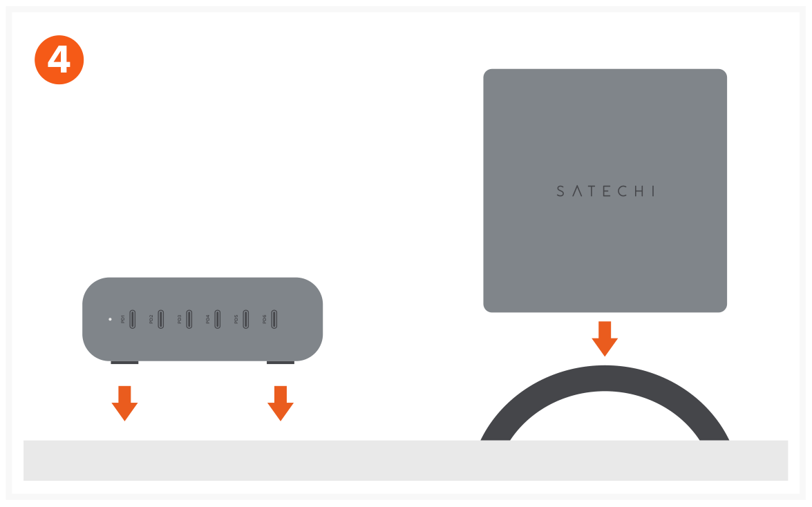 200W USB-C 6-Port PD GaN Charger (ST-C200GM-US) Quick Start Guide, Setup steps step 4: The 200W charger can be laid flat horizontally on the supported rubber feet or vertically using the included D