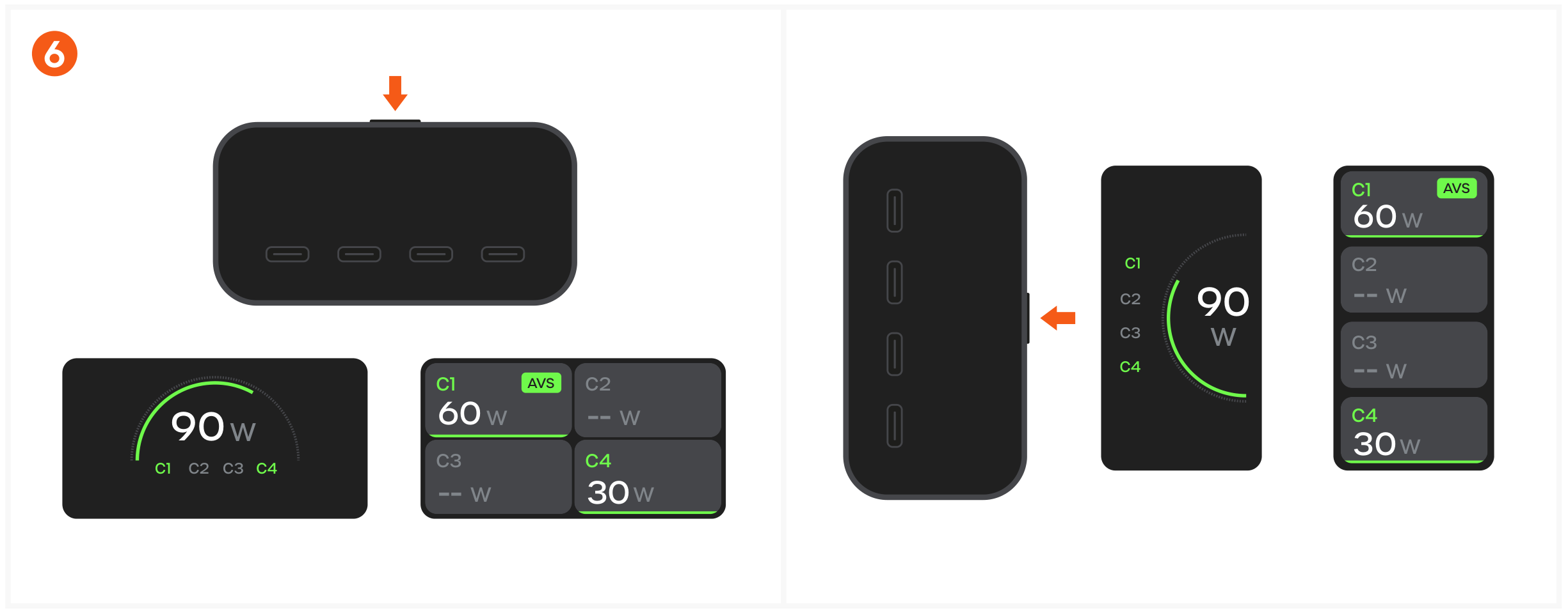 ChargeView 140W Desktop Charger (ST-C4CV140C-US) Quick Start Guide, Monitor charging & temperature step 6: Monitor Charging via the Digital Display