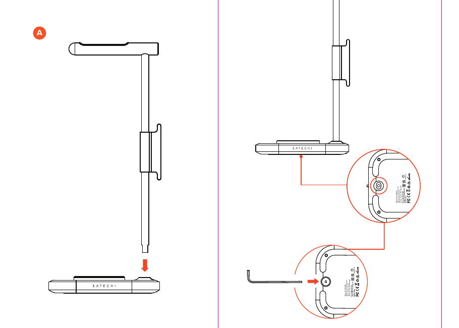 Assembly diagram showing the headphone stand column inserting into the base and the arm being secured with an Allen key