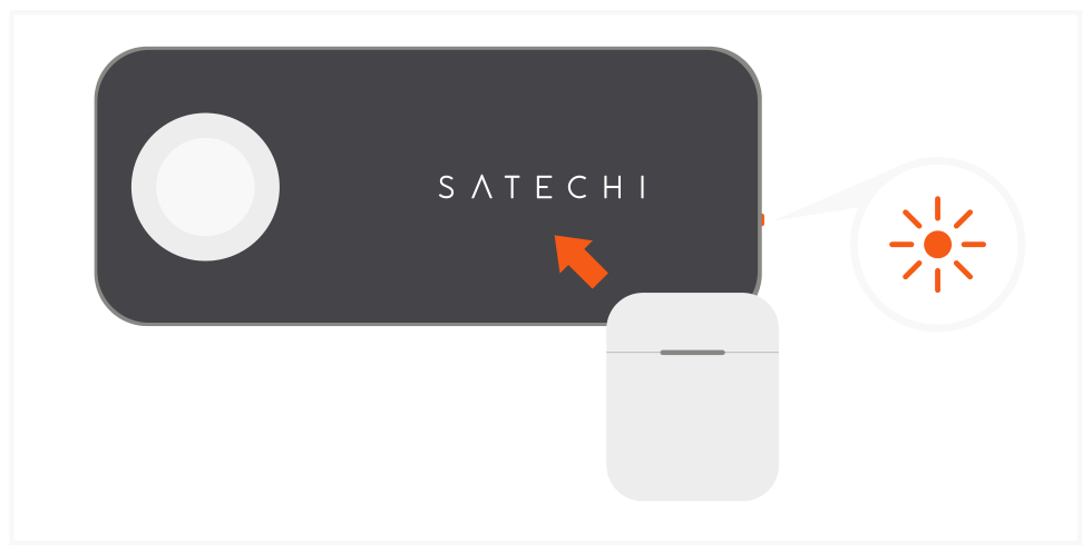 Quatro Wireless Power Bank (ST-UC10WPBM) Quick Start Guide step 3: Place a compatible Qi wireless device on the Satechi logo. LED light will turn orange when charging begins.