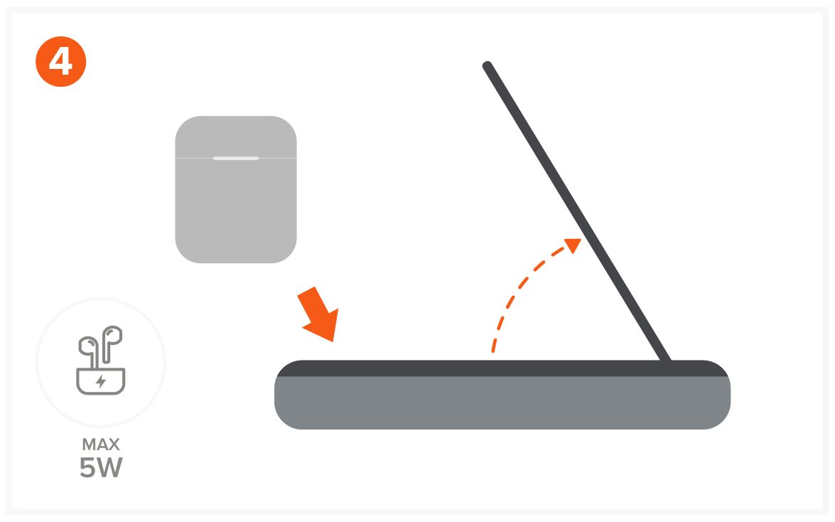 Duo Wireless Charger Power Stand (ST-UCDWPBSM) Quick Start Guide, Setup steps step 4: Place your AirPods on the wireless charger. Can be found by lifting the phone wireless charger.